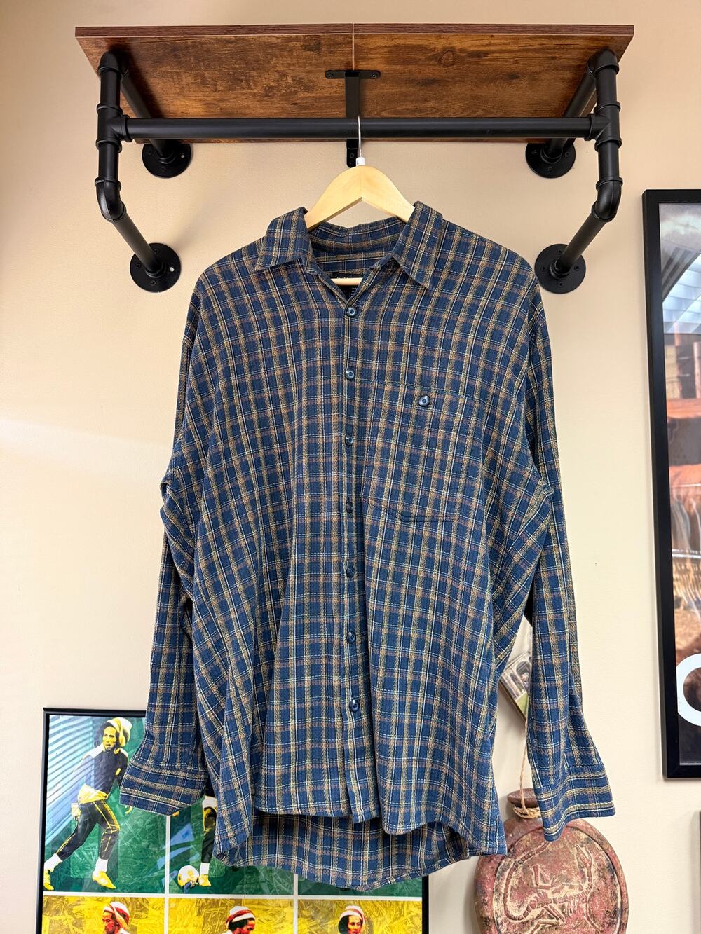 Trufit Navy Blue Brown Vintage Basketweave Plaid Flannel Button Up Shirt BDG